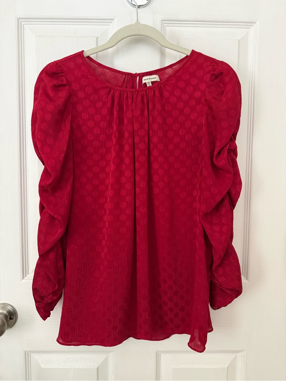 Max Studio Red Tonal Polka Dot Ruched Sleeve Blouse Festive Top Size M Office